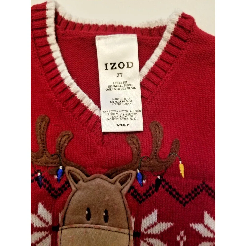 IZOD Toddler Knit Vest Reindeer Snowflakes Red V-Neck Size 2T Vintage Look